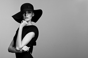 Woman retro fashion portrait stock photo containing black and white