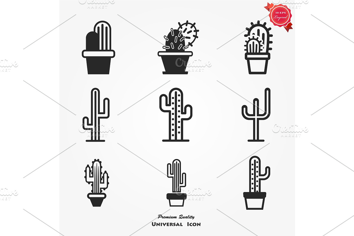 Different cactuses icons set, an Illustration by GraphicHouse