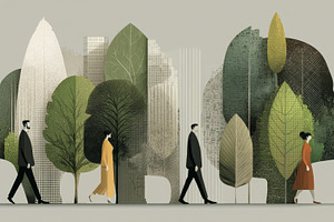 Business people and ecology concept with urban trees and green silhouettes repr, a Photo by AS photostudio
