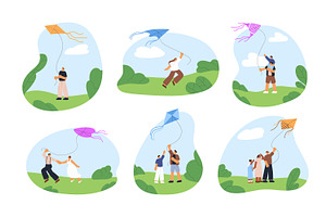 Happy people flying kites in nature, a Person Illustration by PaperTrident
