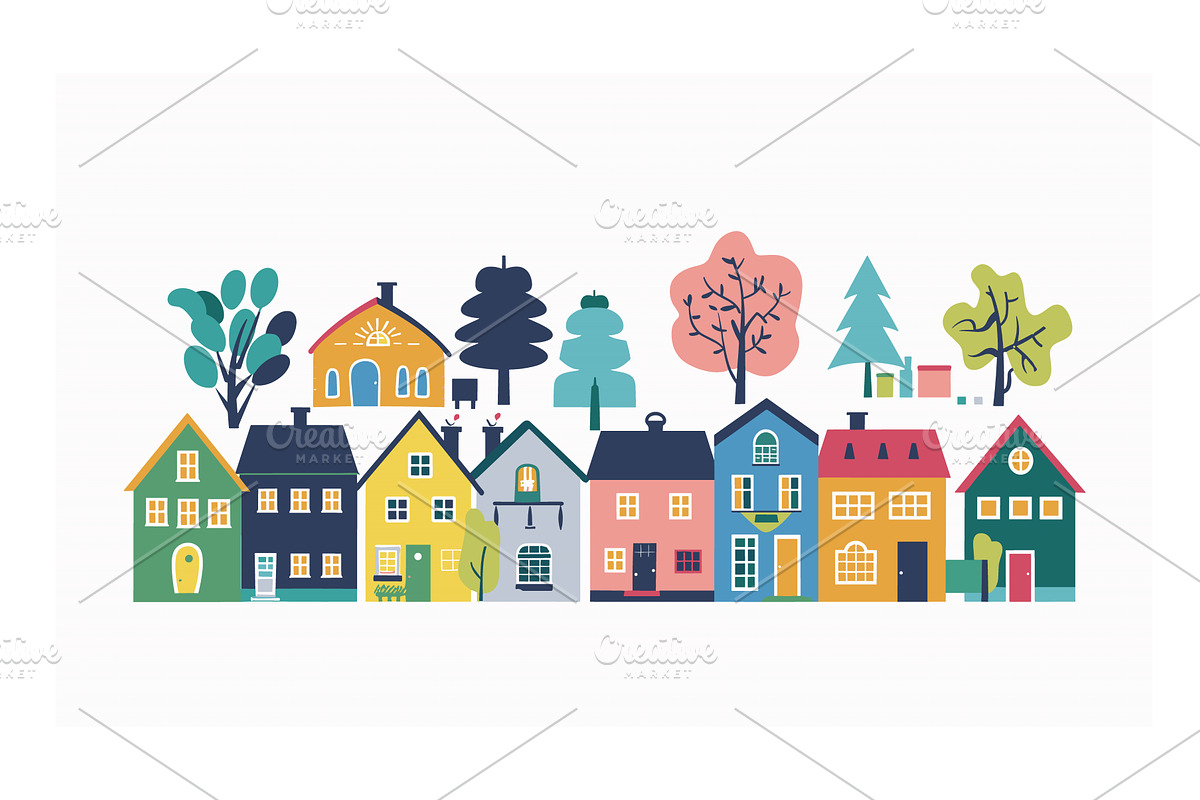 Colorful suburban neighborhood scene, an Object Illustration by Vectorstockersland
