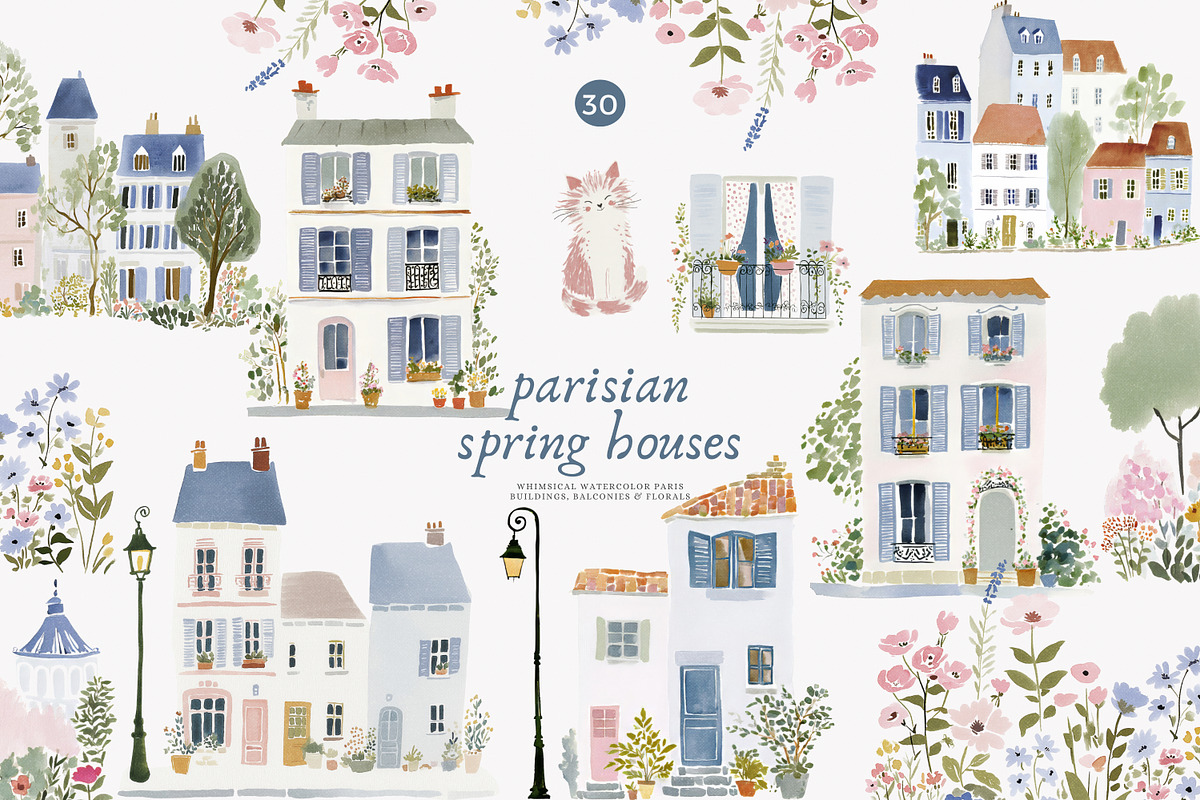 parisian spring houses watercolor, a Decorative Illustration by Patishop Art (Photo 1 of 10)