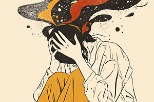 Illustration of a stressed woman experiencing mental overwhelm with abstract ex, a Photo by AS photostudio