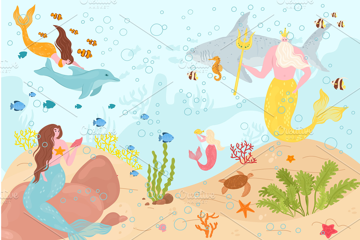 Underwater sea life, mermaid swim, an Animal Illustration by KitVector