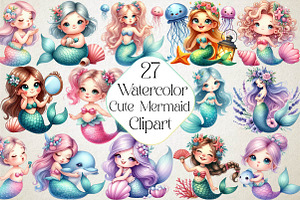 Cute Mermaid Watercolor Clipart, an Illustration by DreamPrint404
