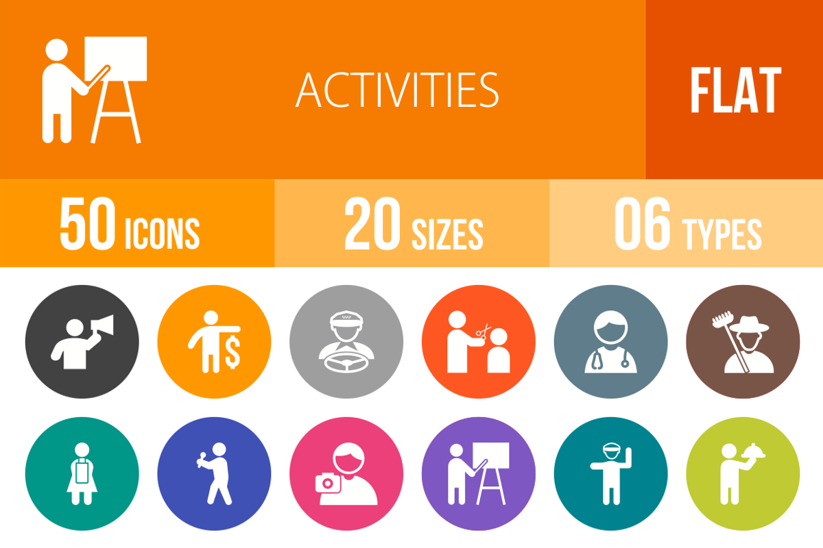 50 Activities Flat Round Icons, an Icon by IconBunny