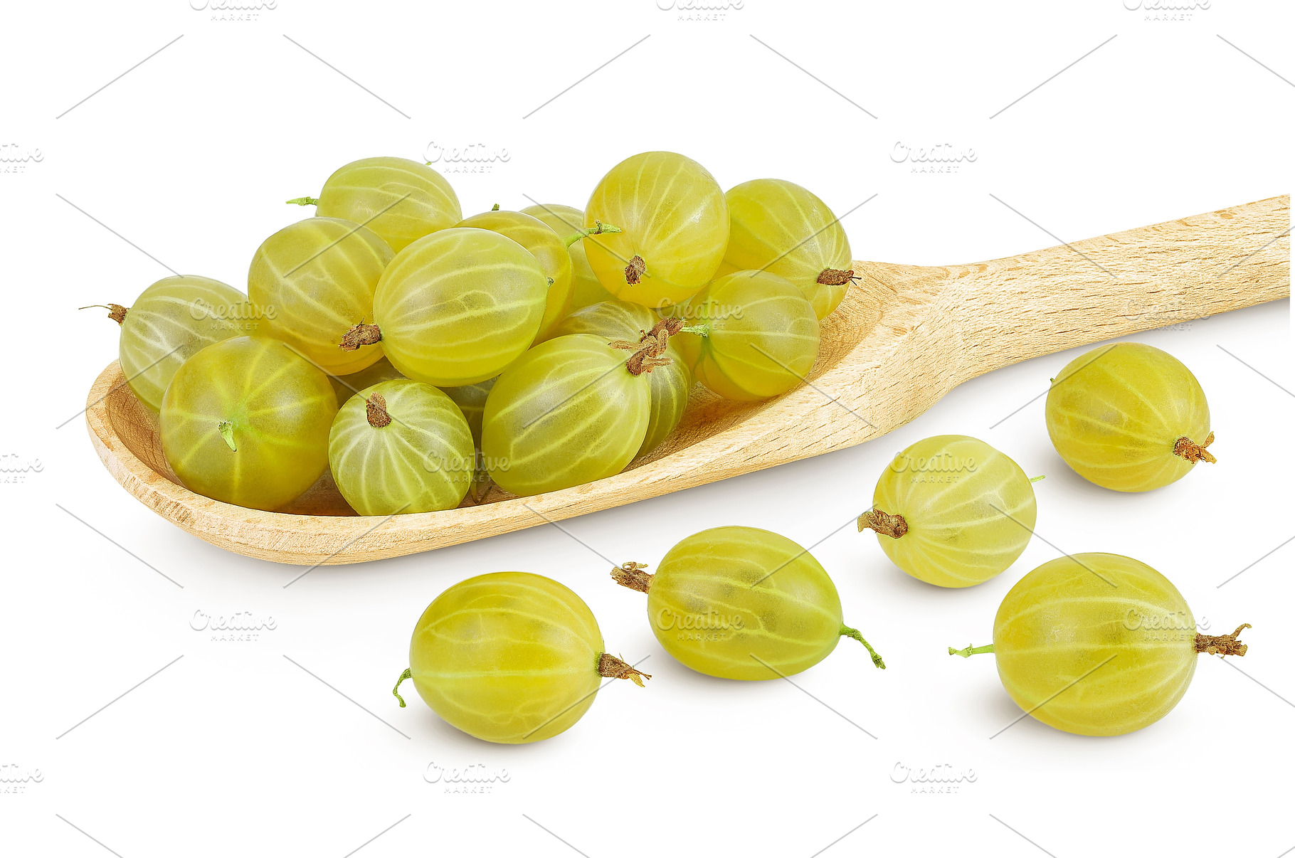 Green gooseberry in wooden spoon, a Food & Drink Photo by NataPhoto