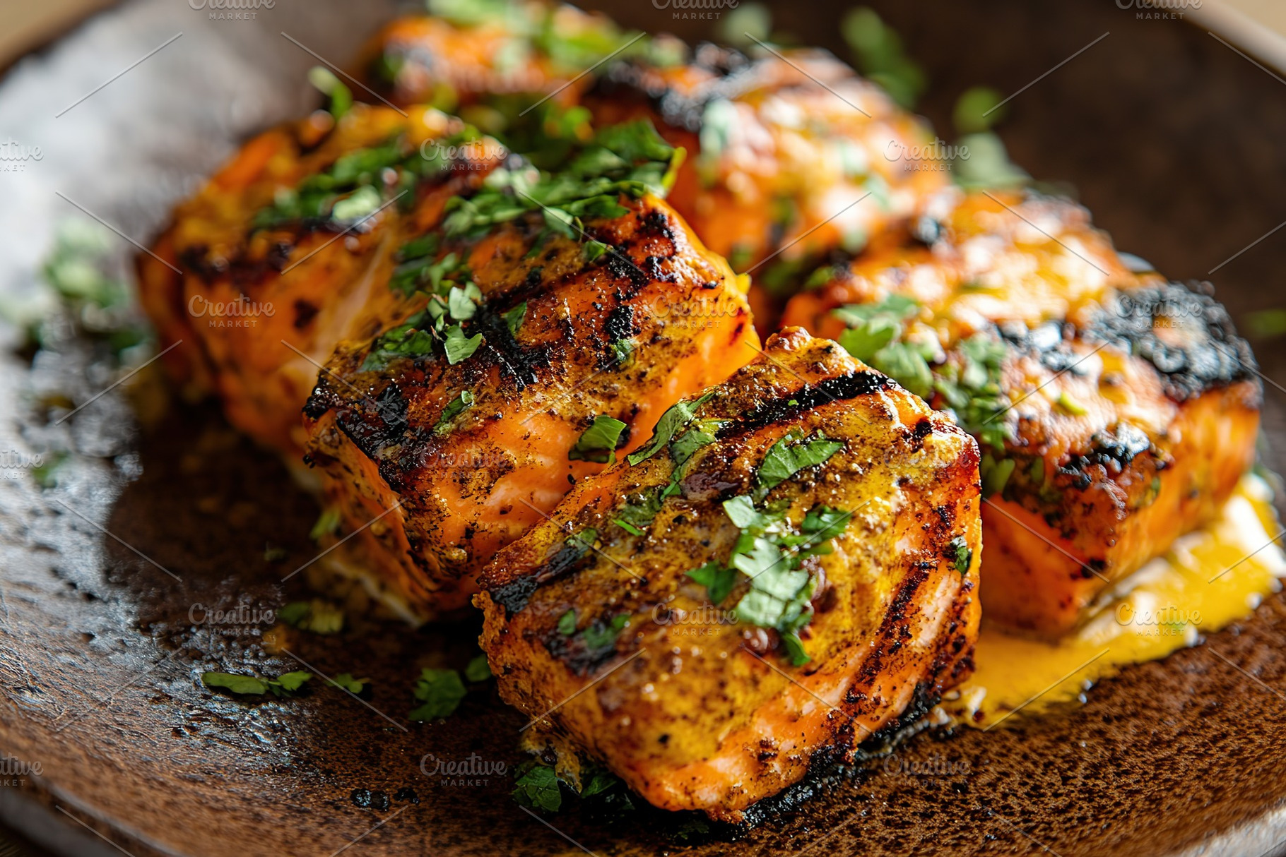 Tasty grilled salmon with spices on plate, a Food & Drink Photo by AlyaAnd