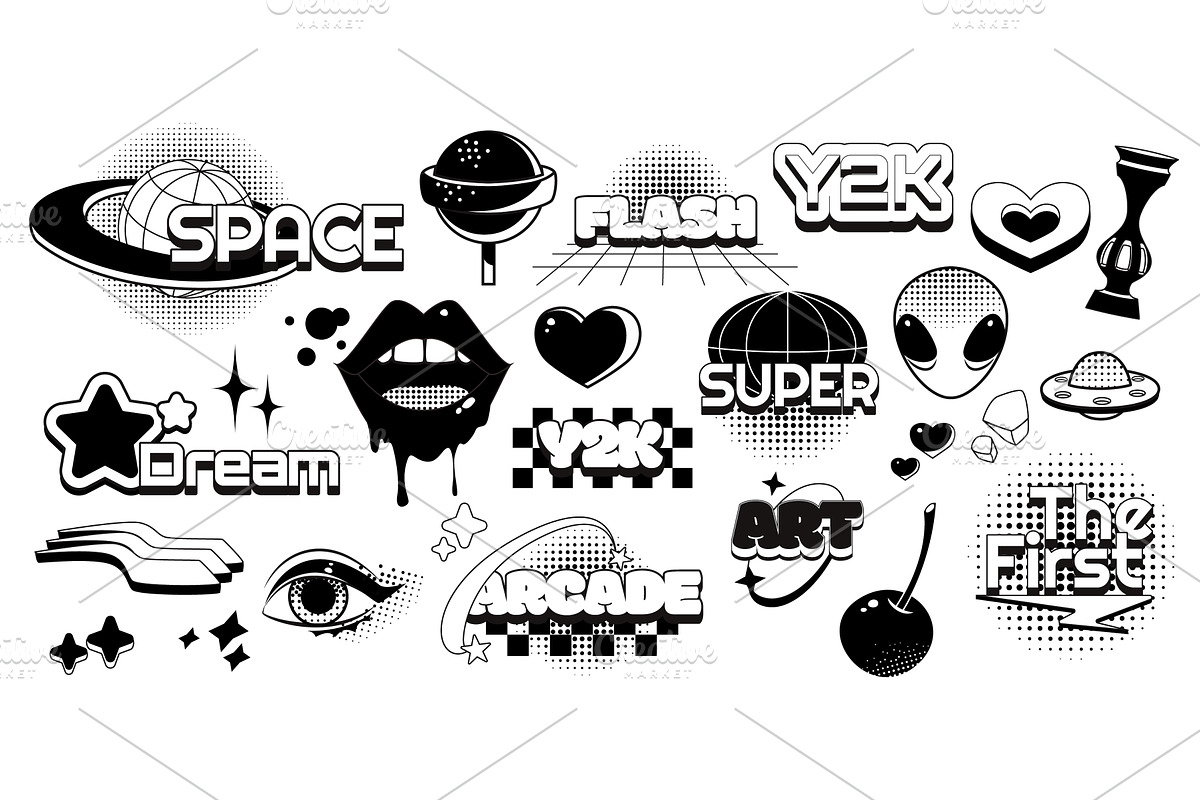 Black and white y2k stickers set, an Object Illustration by art PVP - market
