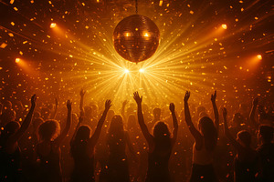 Disco party with people dancing unde, a Photo by Dvoevnore photos