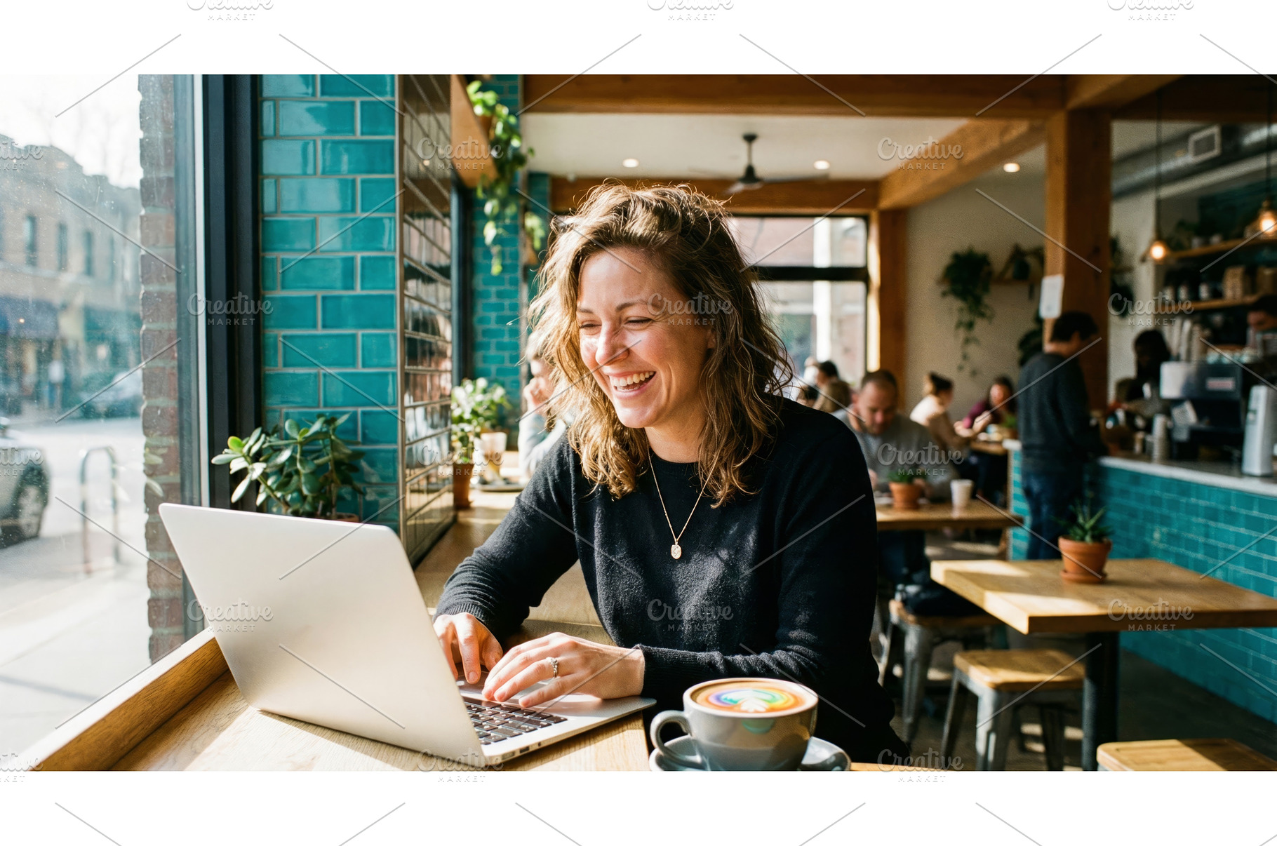 Woman Works on Laptop in Cafe, a Technology Photo by CREATIVEDEF