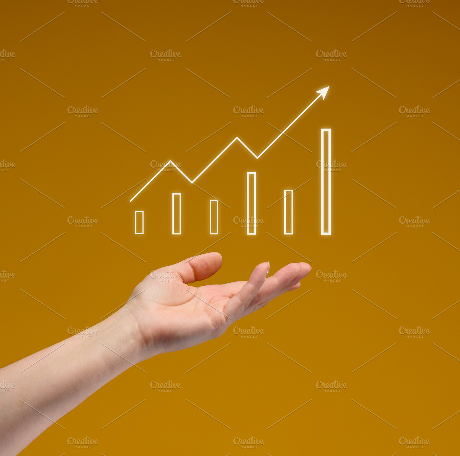 A woman's hand holds a glowing digital graph with an upward tren, a Business Photo by ndanko