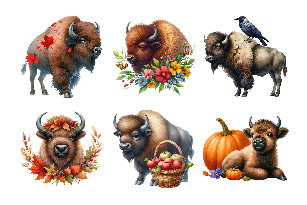 Watercolor Autumn Bison Clipart Bund, an Illustration by Daily.Designs (Photo 2 of 5)