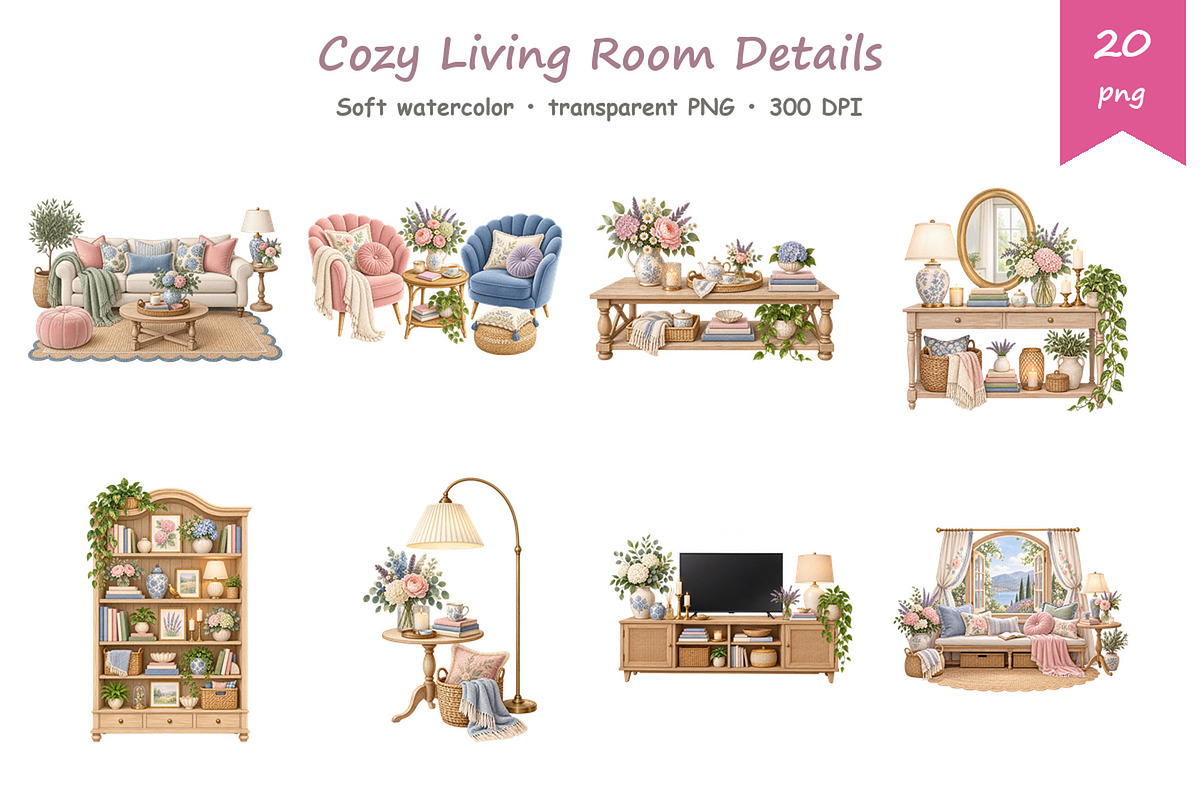 Watercolor Living Room Clipart, a Decorative Illustration by BerryPieArt (Photo 3 of 4)