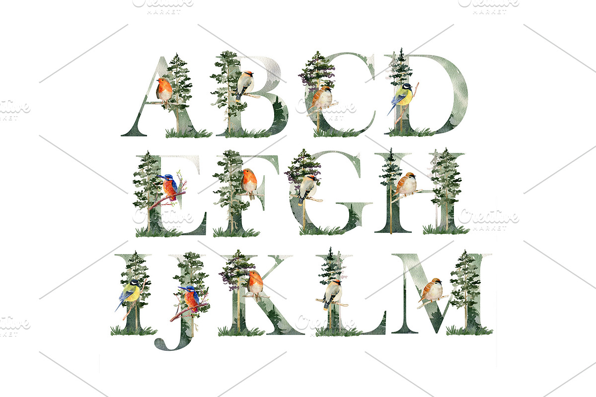 Watercolor forest alphabet., a Decorative Illustration by TaPilipa (Photo 2 of 4)