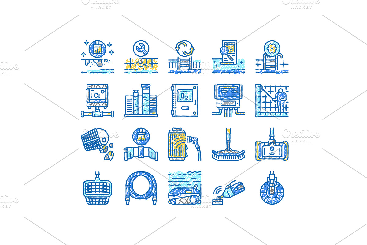 Pool Cleaning Service set Icons hand, an Object Illustration by pikepicture