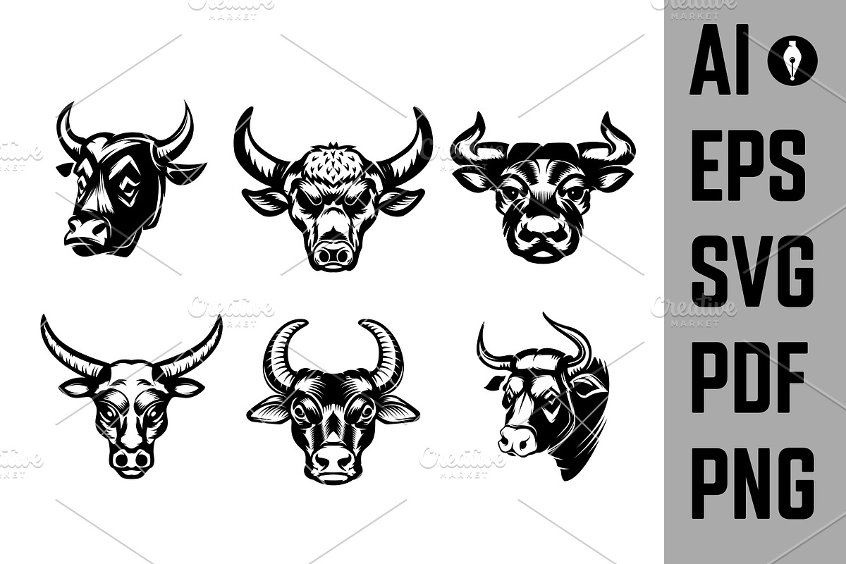 Set of bull heads isolated on white, an Animal Illustration by Vectorhight (Photo 4 of 4)