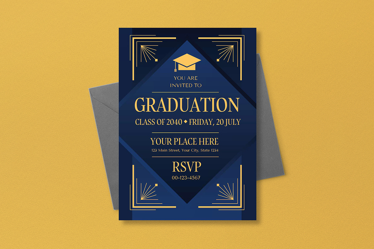 Blue Art Deco Graduation Invitation, a Card Template by graphicook (Photo 3 of 3)
