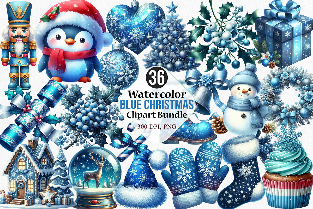 Watercolor Blue Christmas Clipart, an Illustration by Canvas Craft (Photo 1 of 7)