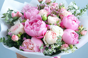 Pink peony bouquet in bloom, a Photo by Beautiful things