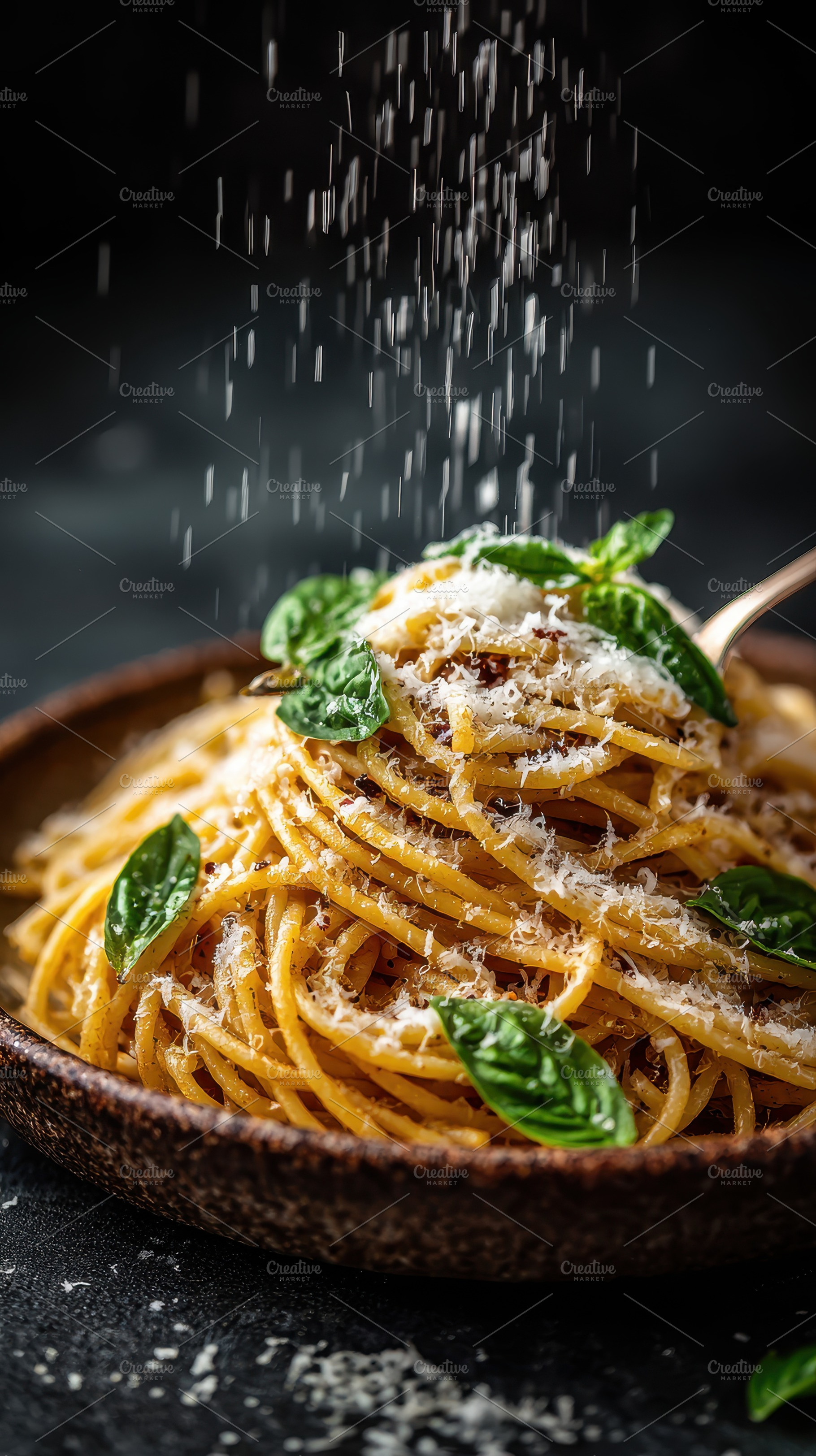 Delicious spaghetti aglio e olio wit, a Photo by Pixeness Studio