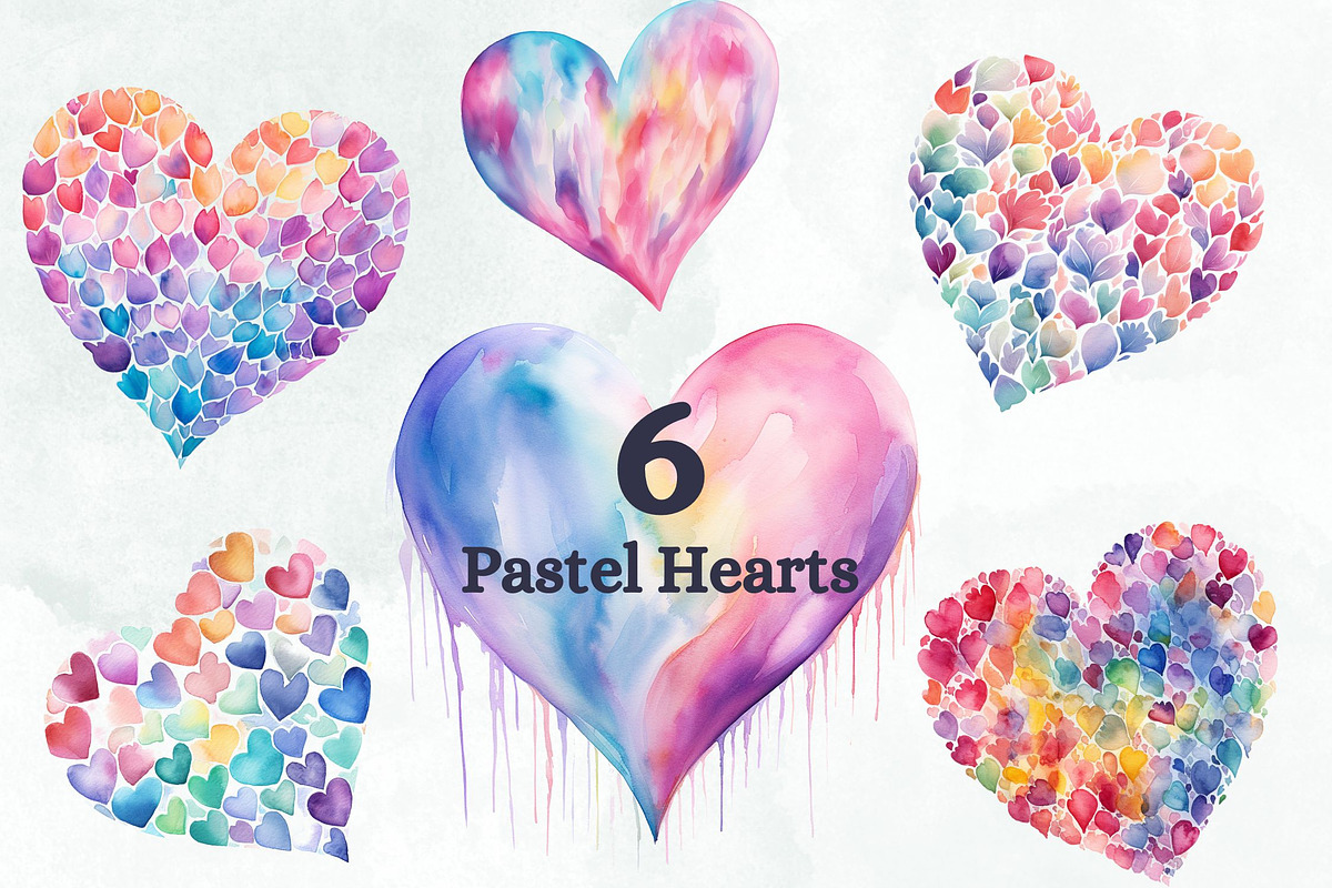 Pastel Hearts Watercolor Clipart PNG, a Decorative Illustration by Loony Dream Designs (Photo 1 of 4)
