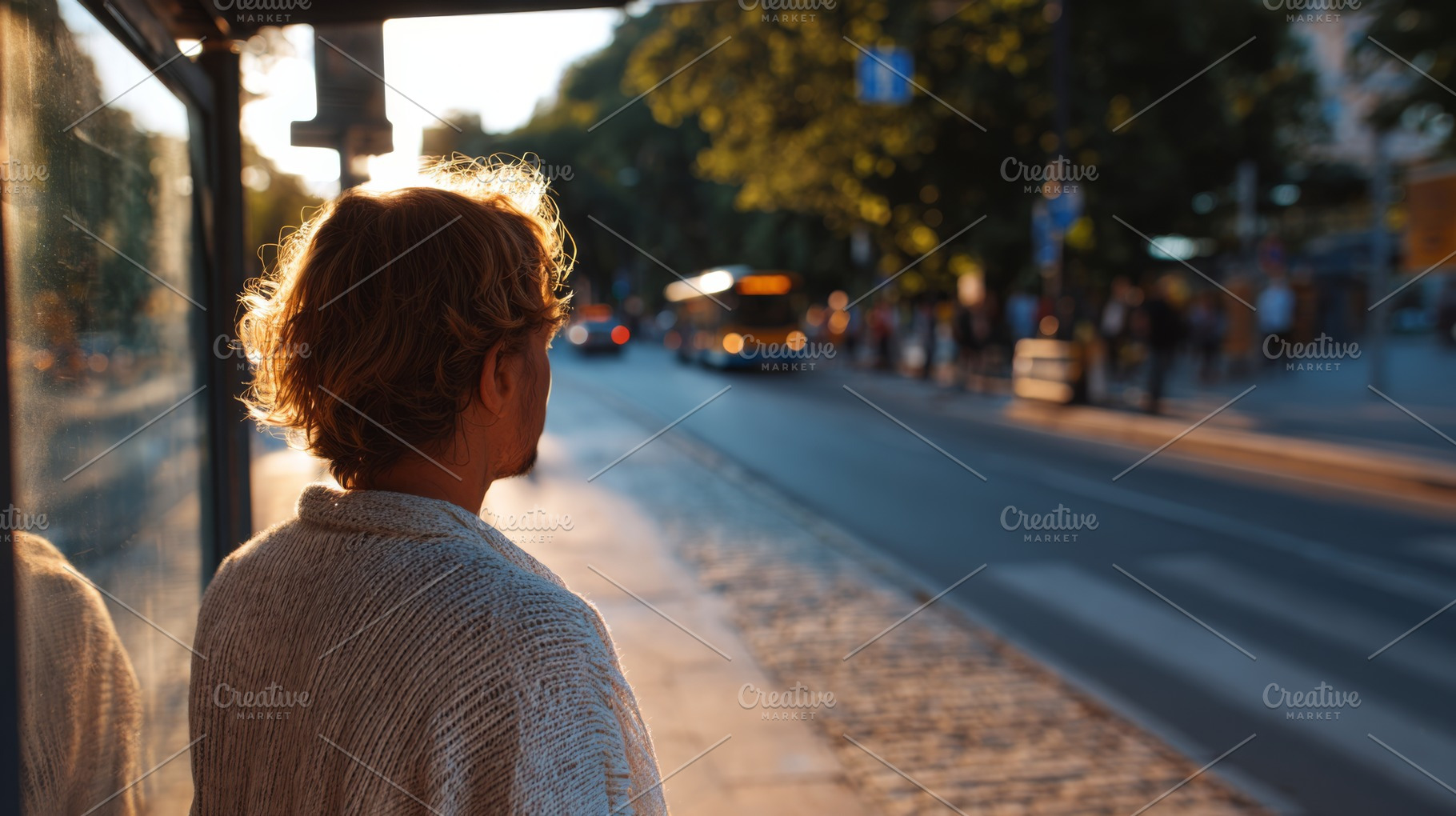 A contemplative woman waiting at a bus stop during sunset, surrounded by a warm, a Person Photo by ImageMir