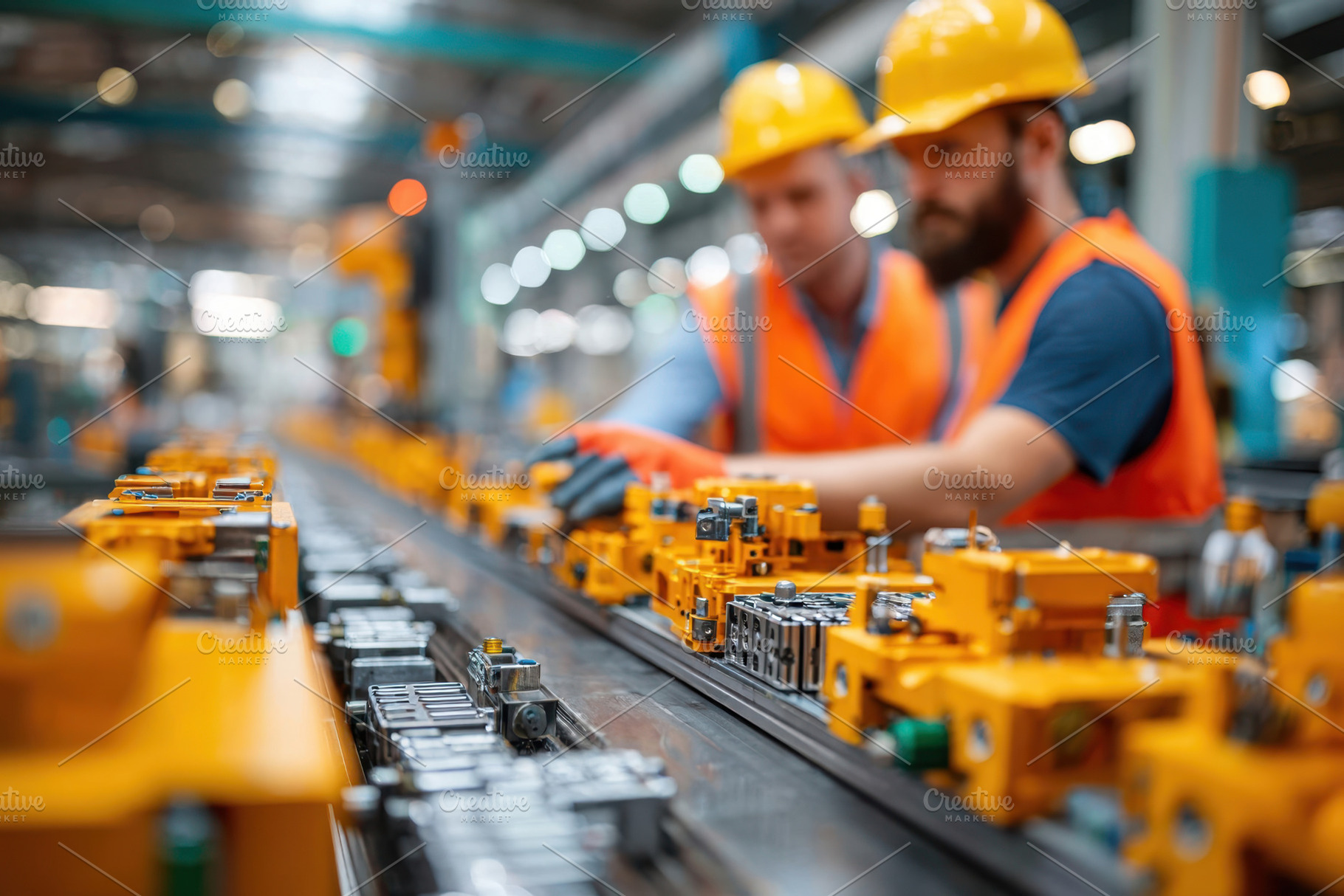 Workers in a factory focusing on machinery, an Industrial Photo by AlyaAnd