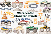 Watercolor Monster Truck Clipart Set, a Transportation Illustration by CropUp Creative (Thumbnail 1 of 5)