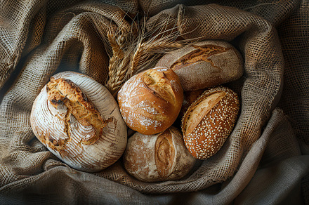 Different kinds of baked bread on burlap, a Food & Drink Photo by AlyaAnd