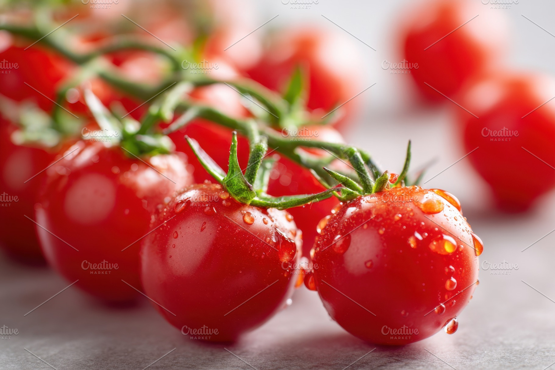 Ripe red cherry tomatoes with water drops, a Food & Drink Photo by AlyaAnd