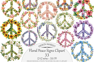 Watercolor Floral Peace Signs Clipar, a Seasonal Illustration by Design Market
