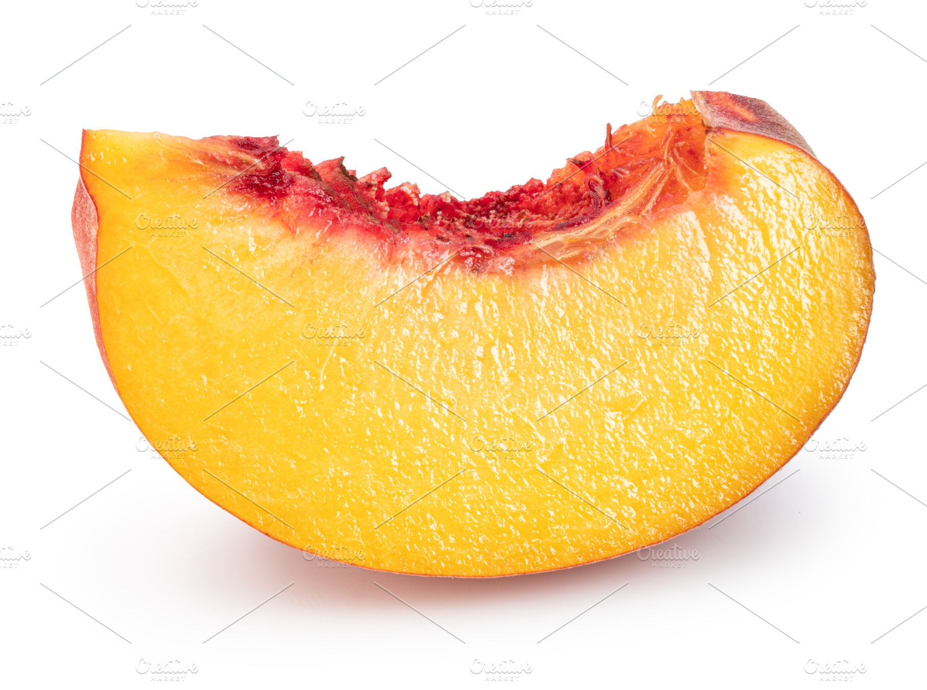 Ripe juicy peach slice isolated on white background. File contai, a Food & Drink Photo by Volff