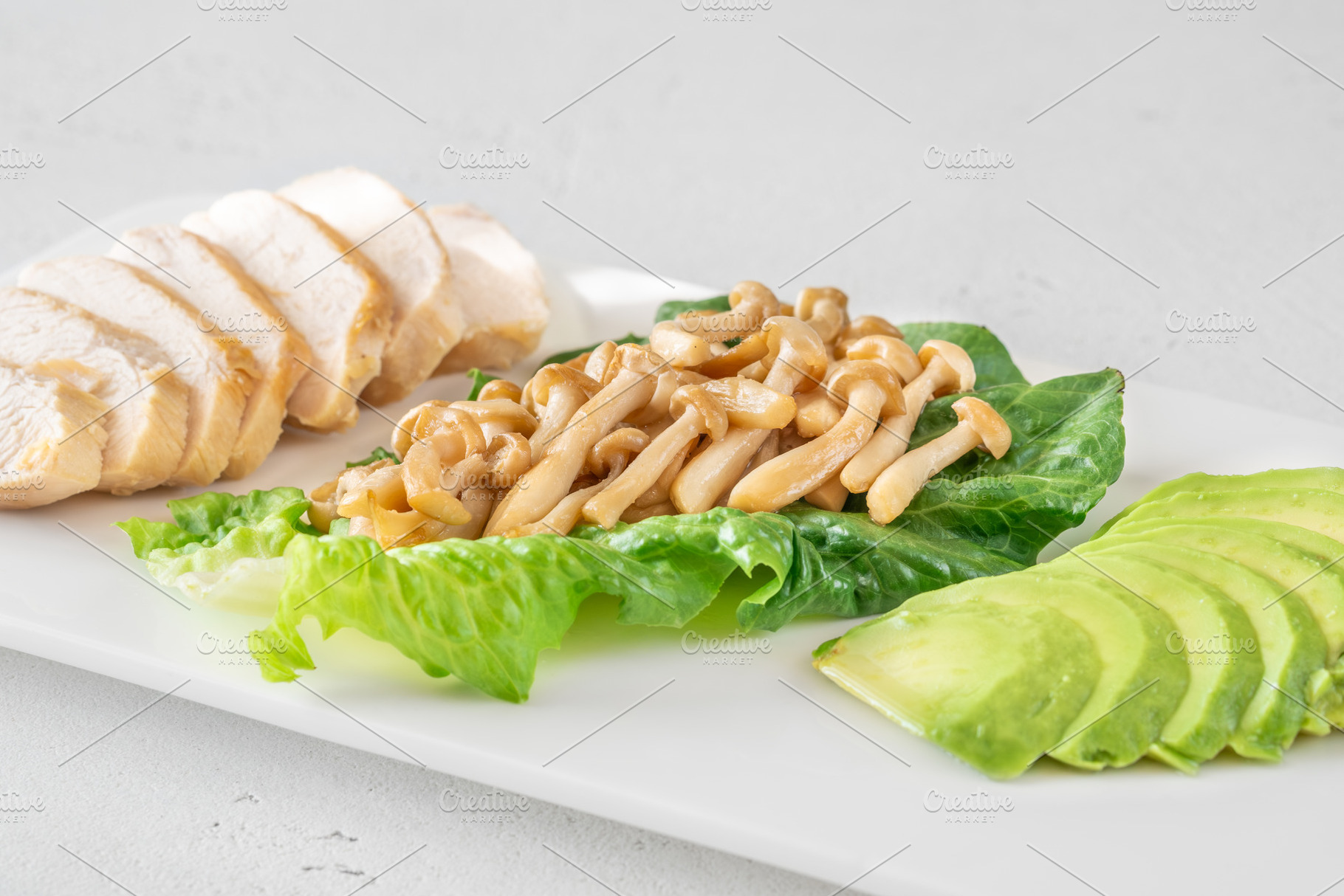Avocado, mushrooms, and chicken, a Food & Drink Photo by Alexander Prokopenko