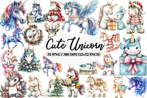 Cute Unicorn Christmas Clipart, an Illustration by Daily.Designs