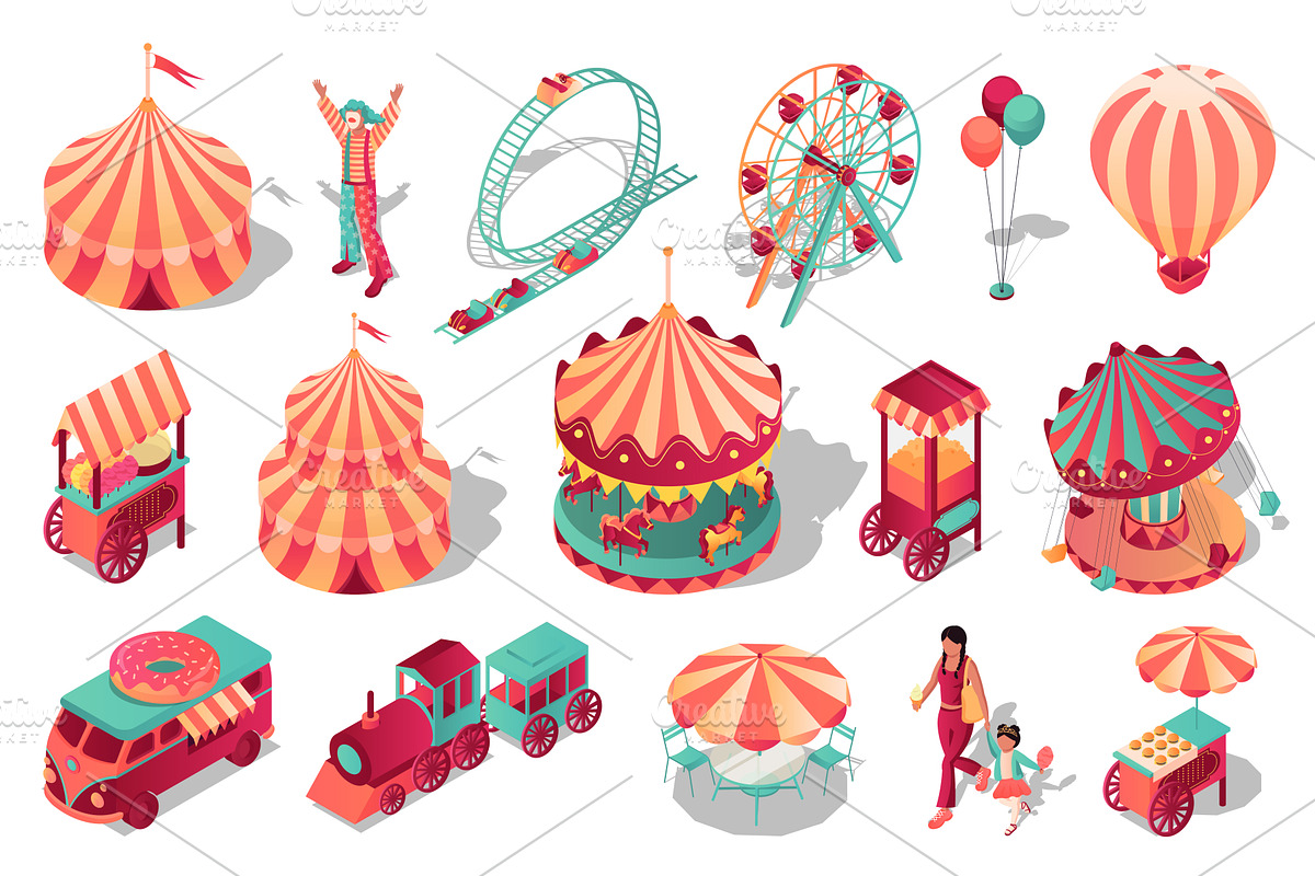 Amusement Park Isometric Set, an Object Illustration by alexdndz