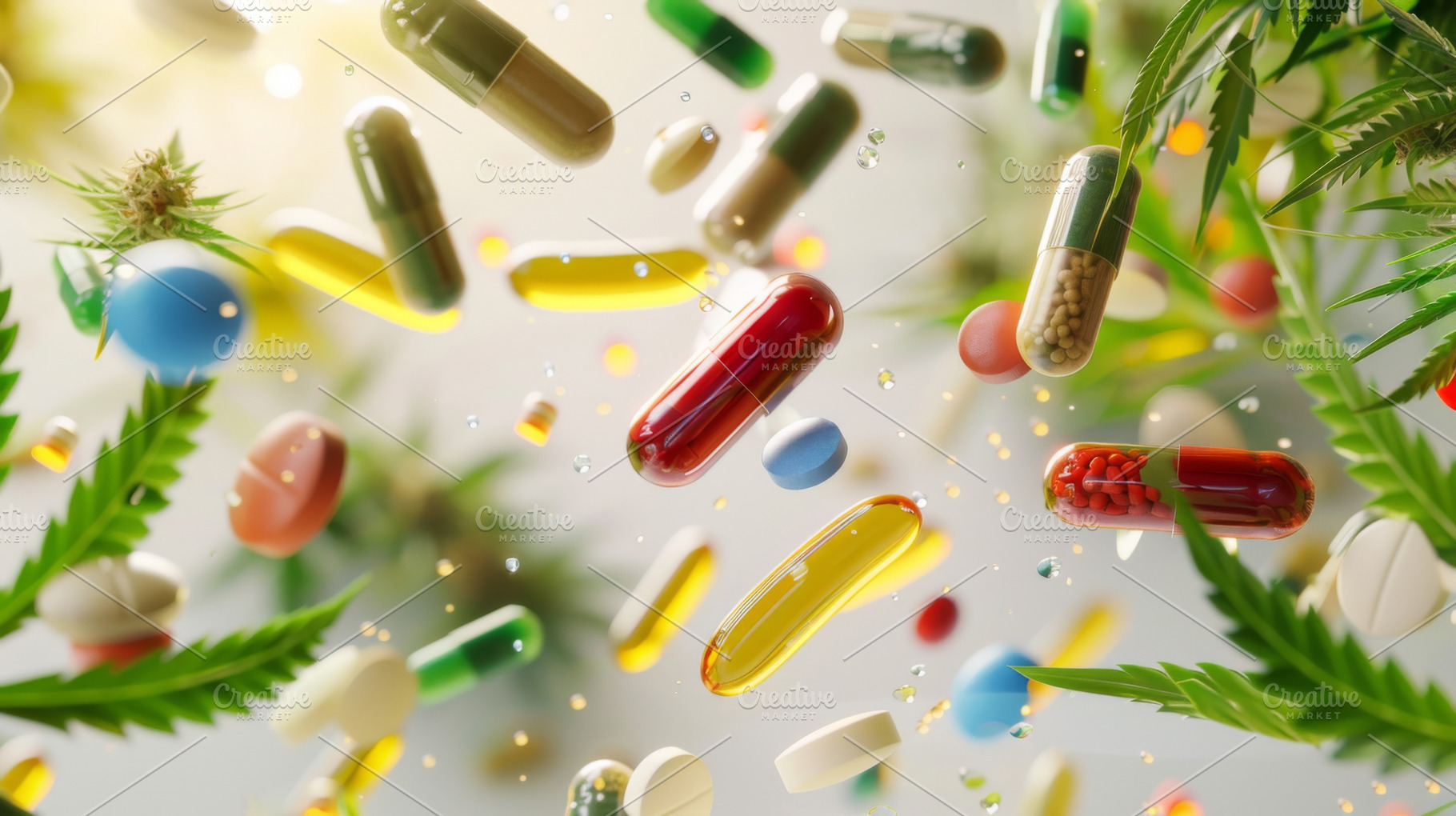 Colorful pills and cannabis leaves scattered on white background, a Photo by Dvoevnore photos