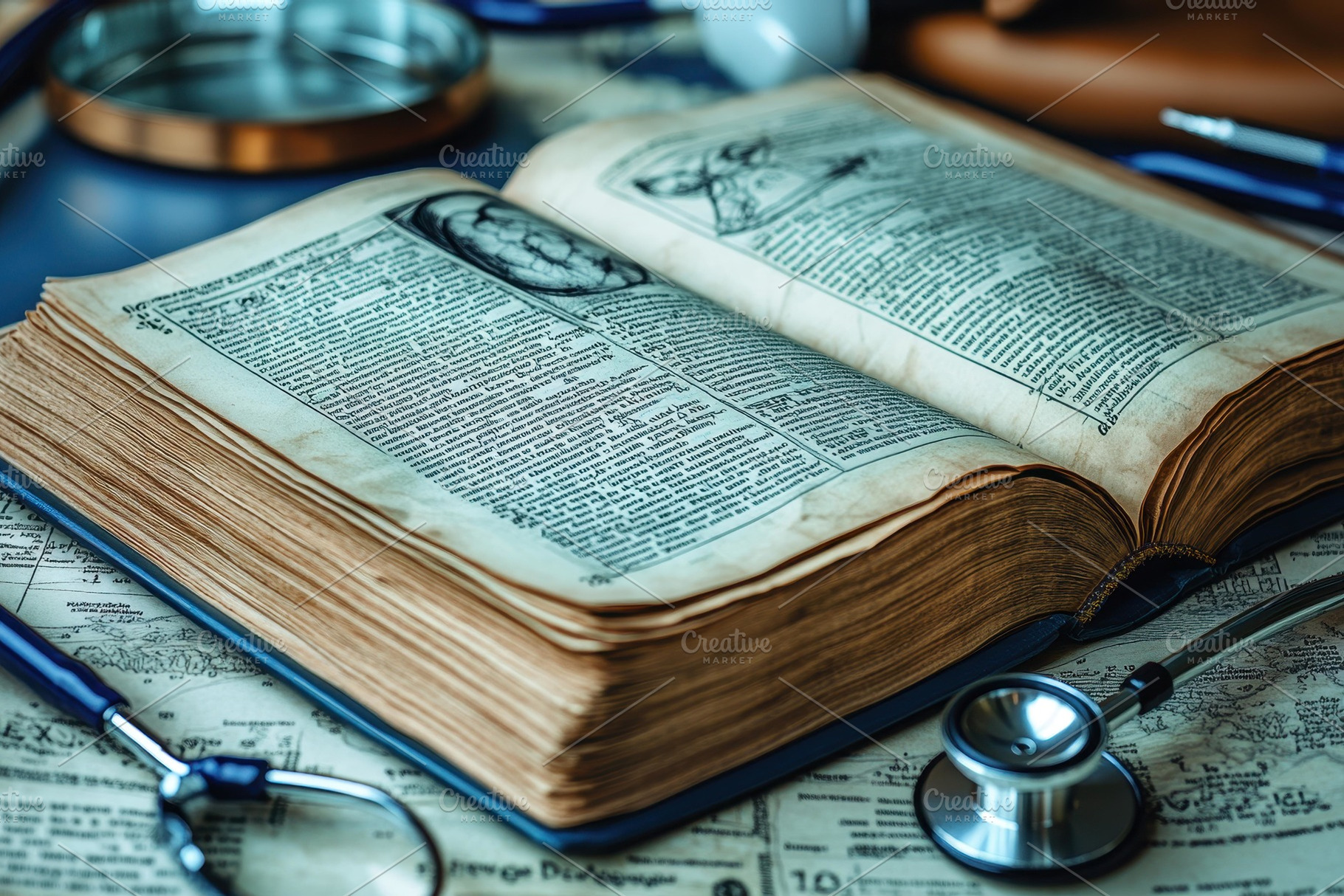 Open ancient book on a table surroun, a Photo by Tanuart