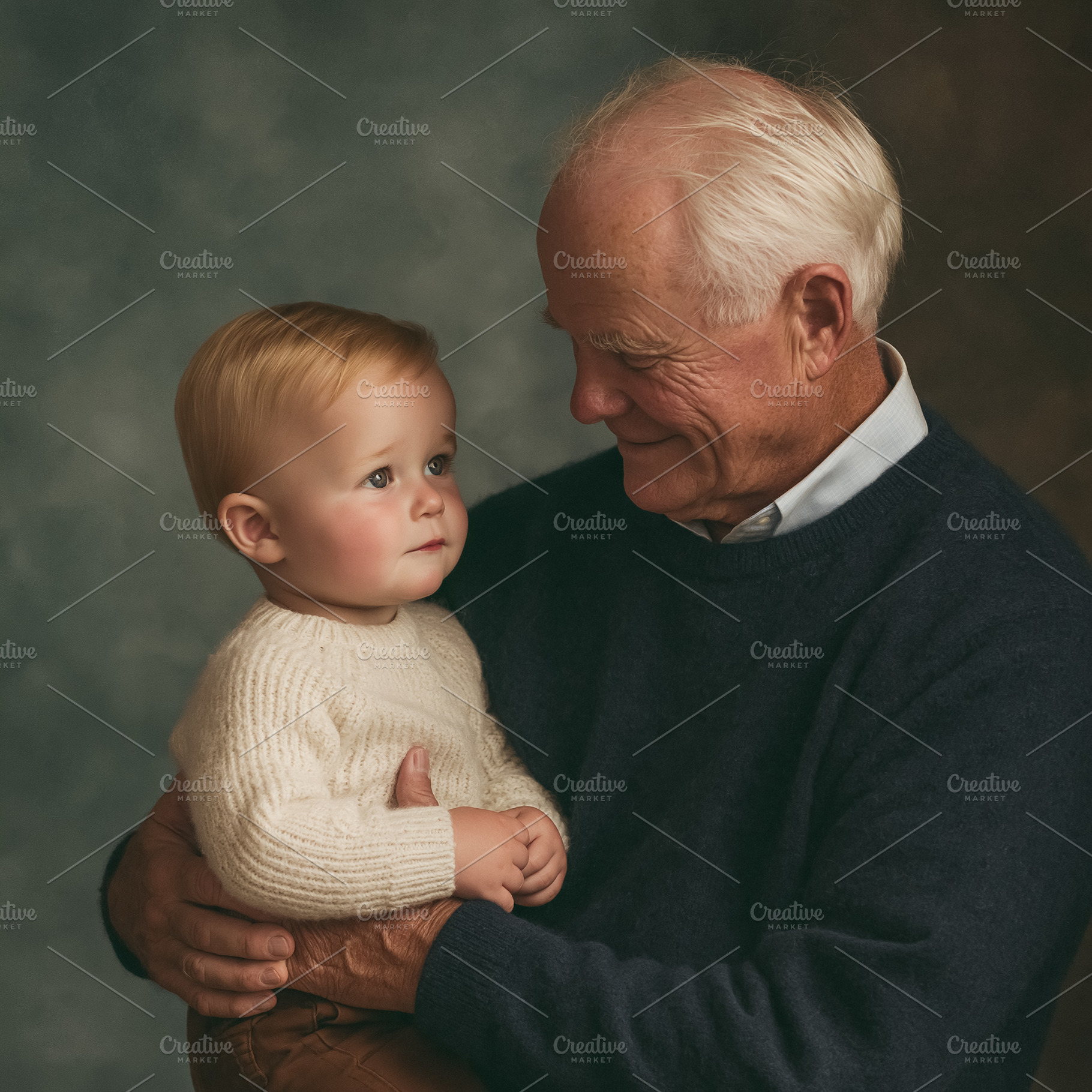 Grandfather holding baby, representing generations, family bond,, a Person Photo by Studio ANNA