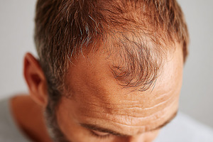 Close-up view of a man's scalp with thinning hair in a neutral setting, a Person Photo by AlyaAnd
