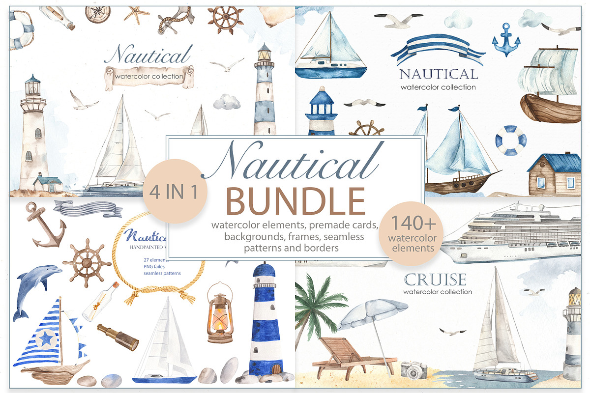 Nautical BUNDLE watercolor, a Transportation Illustration by Marina Ermakova (Photo 1 of 21)