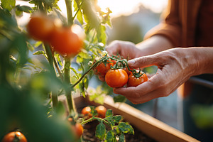 Harvesting ripe tomatoes from a balcony garden in the warm evening light, a Food & Drink Photo by AlyaAnd