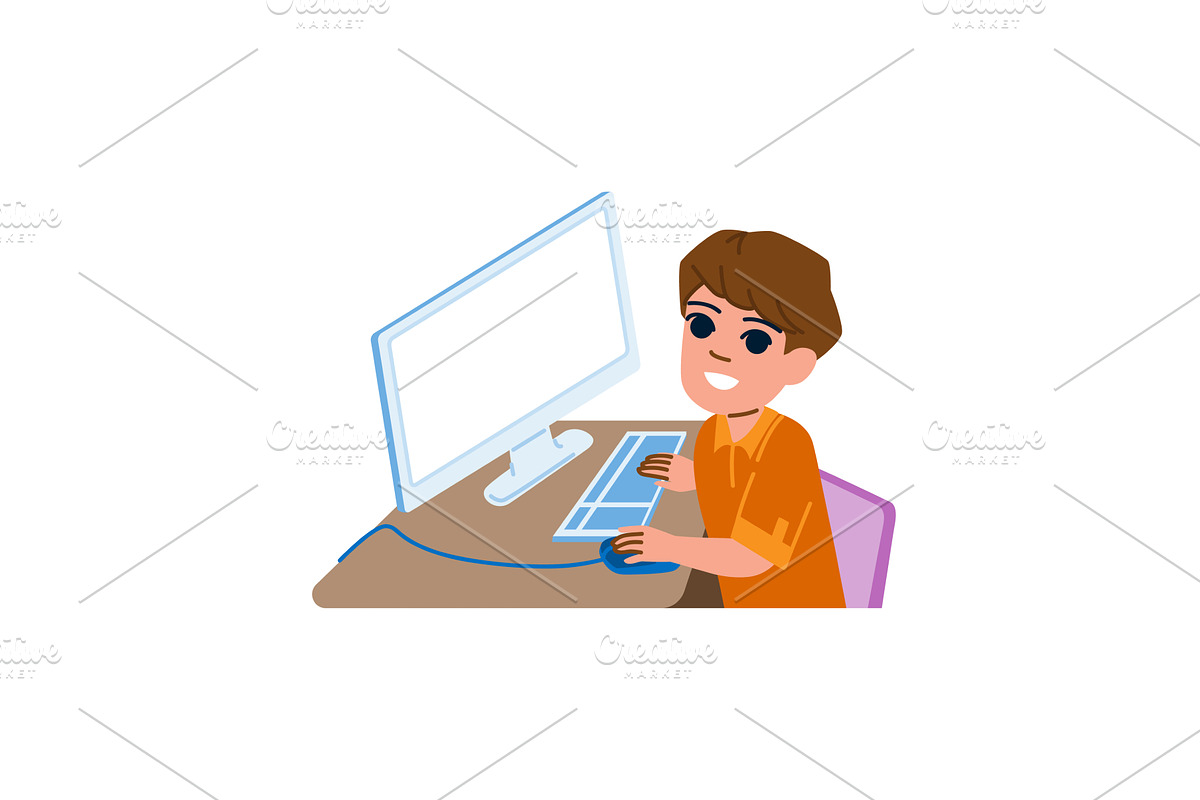 Smiling boy using computer for, an Education Illustration by pikepicture
