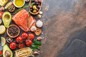 Raw salmon with spices and vegetable, a Photo by Volff
