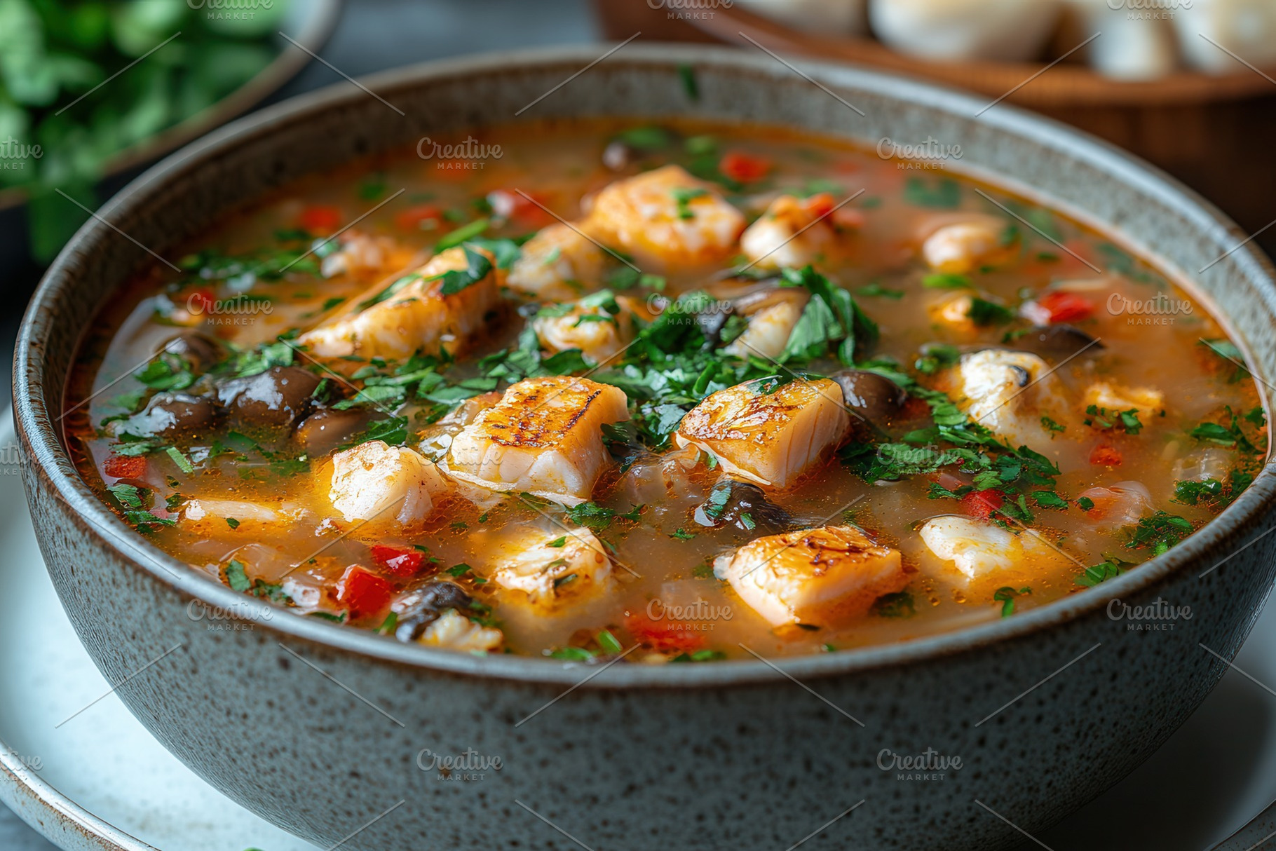 Delicious soup with fish, herbs, and, a Photo by Tanuart