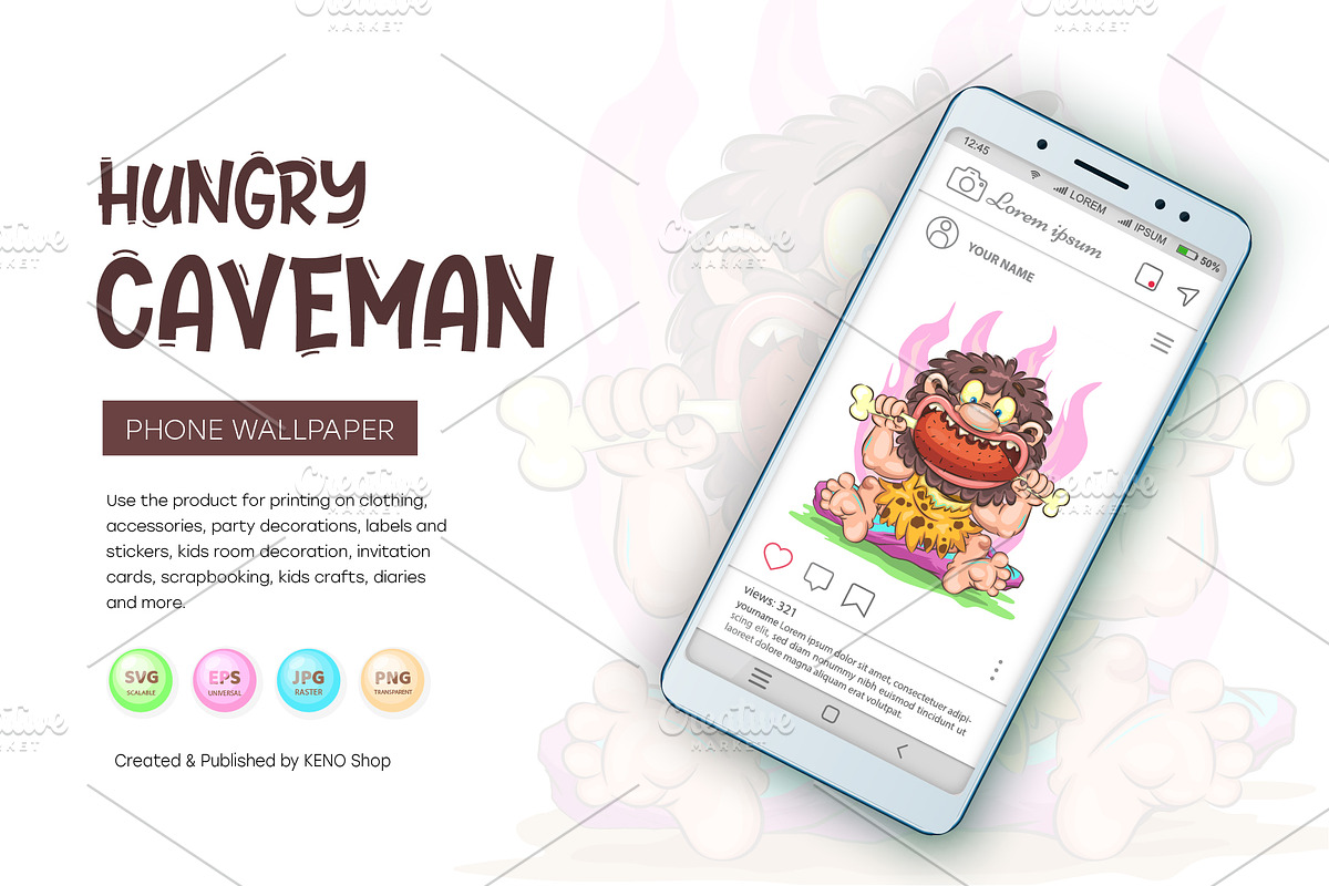 Cartoon Hungry Сaveman. Tshirt, PNG., a Person Illustration by KENO Mascots (Photo 5 of 7)