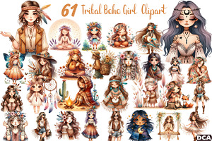 Tribal Girl, Boho Clipart, Bohemian, an Illustration by DreamCafeArt