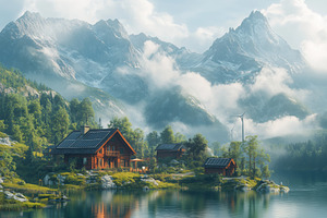 Scenic view of wooden cabins by a lake with solar panels, surrounded by mountai, a Transportation Photo by Textures & Backgrounds