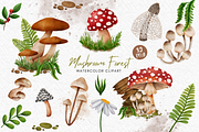 Mushroom Forest watercolor clipart, a Decorative Illustration by AkiraVilla (Thumbnail 1 of 11)