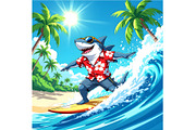 Shark Riding a Tropical Wave, an Animal Illustration by Sharon Schwalbe (Thumbnail 2 of 2)